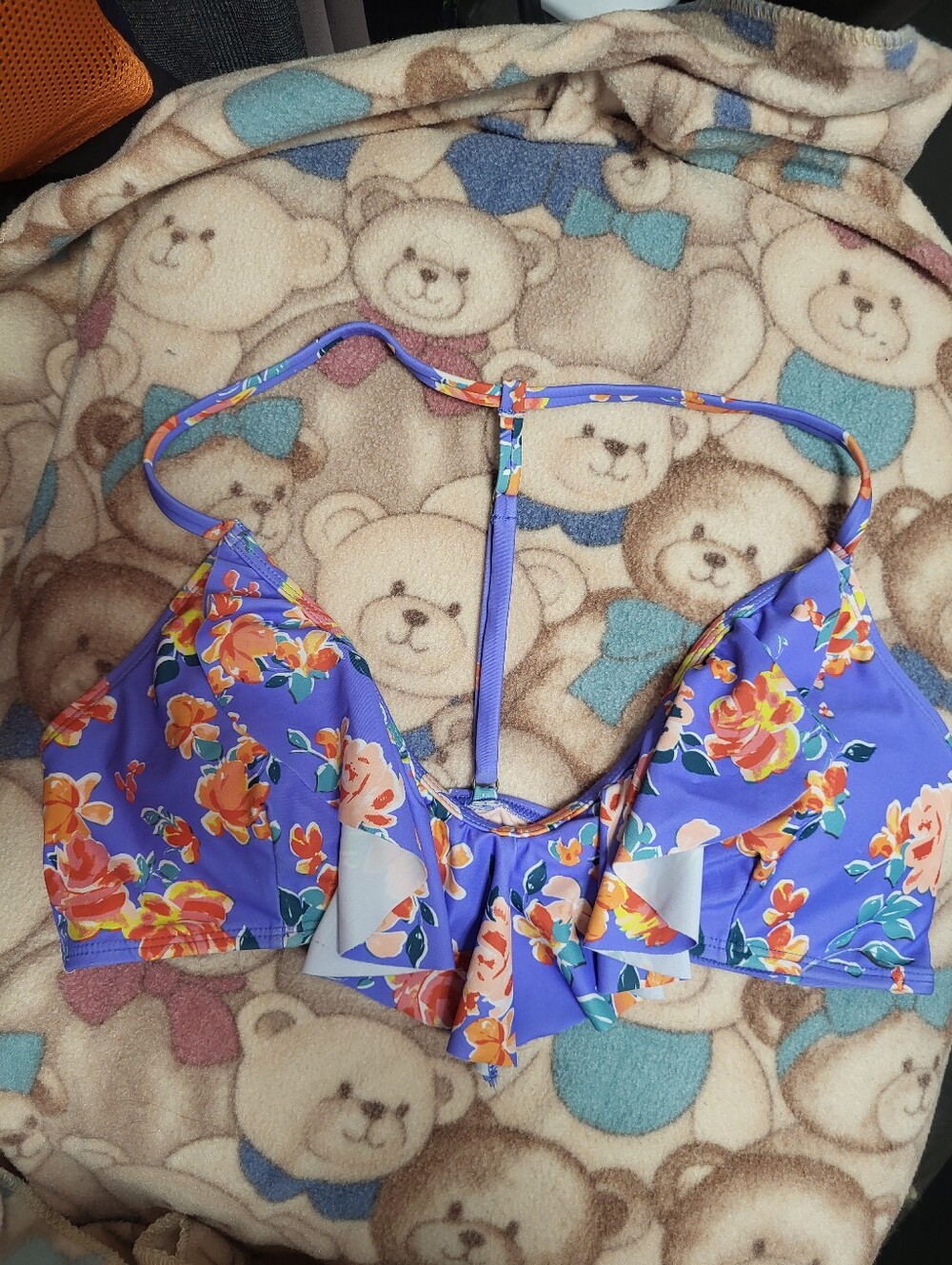 Mae,Floral Ruffle Bikini Top in Peach and Purple